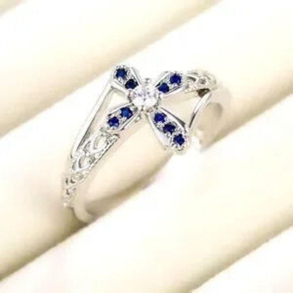 New Beautiful 925 Silver Sim. Blue Sapphire Diamond Ring